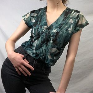 Y2K Semi-Sheer V-Neck Blouse w pleats and florals